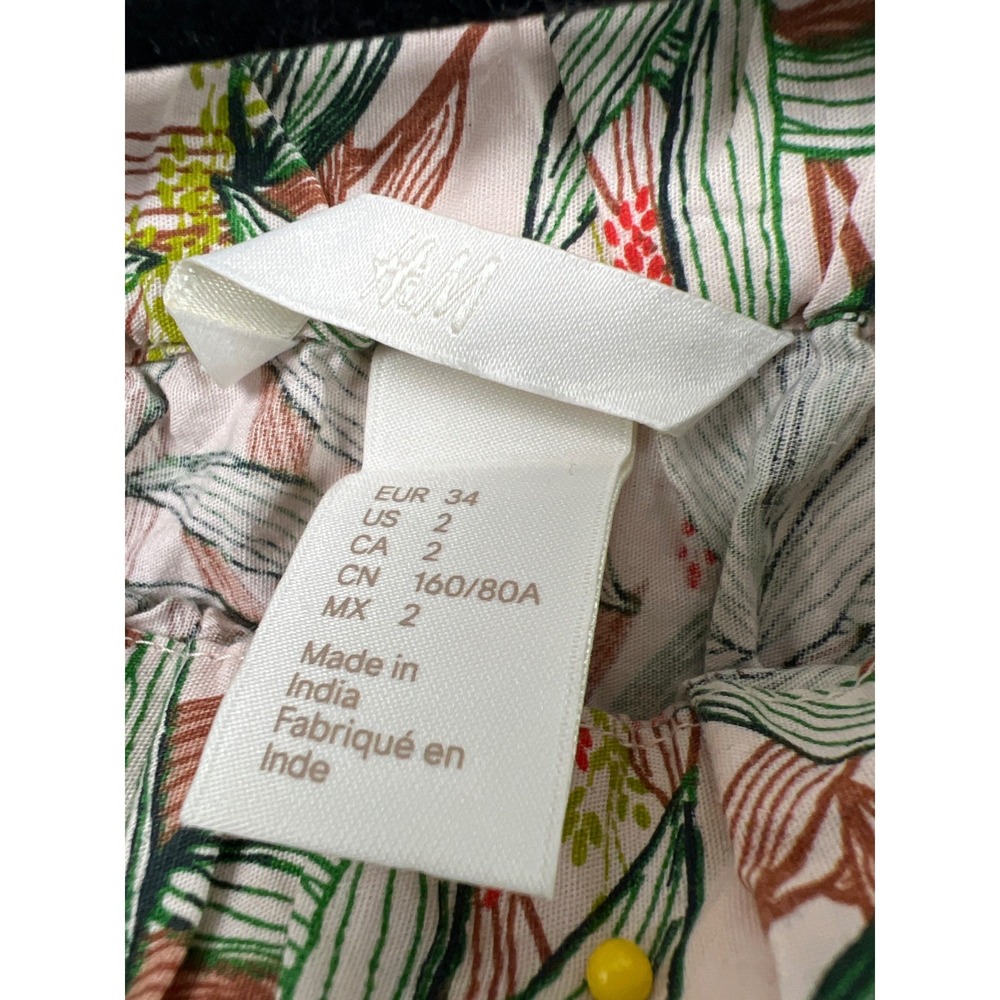 H&M Shift Dress Womens 2 Pink Green Botanical Tropical Off Shoulder Cotton Mini - Picture 2 of 10